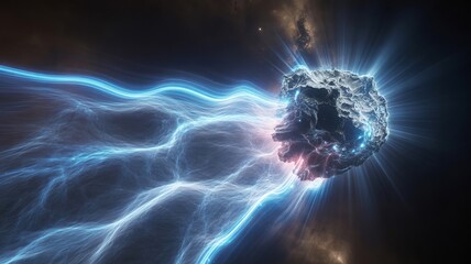 Celestial Impact: A cosmic collision unfolds as a meteor streaks through the dark expanse of space, surrounded by an electric energy, symbolizing the raw power of the universe. 