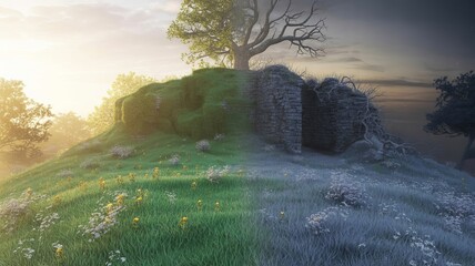 Harmony of Seasons: A breathtaking composition that captures the duality of nature, presenting a vibrant summer and a serene winter scene side-by-side.