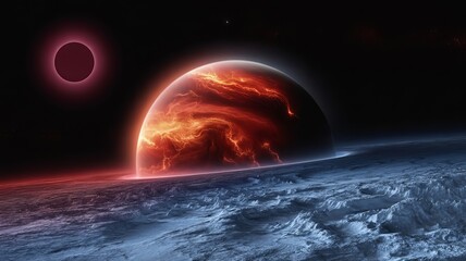 Celestial Inferno: A vibrant cosmic tableau presents a fiery planet partially obscured, with a glowing red sun hovering in the background, creating a mesmerizing scene of celestial wonder.