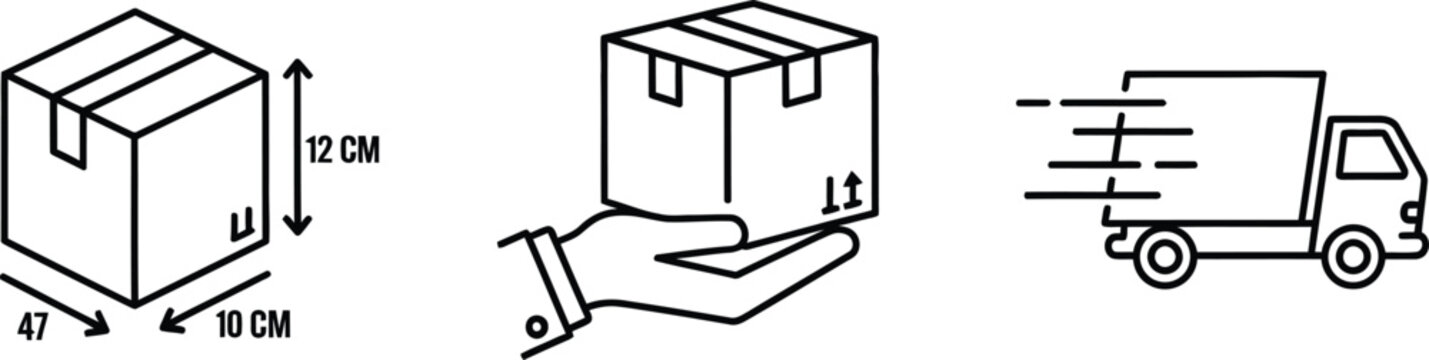 Delivery process illustration showing box dimensions hand and delivery truck
