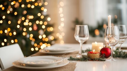 Festive table setting preparing for Christmas holiday dinner with lit candles, wine glasses, and blurred bokeh lights