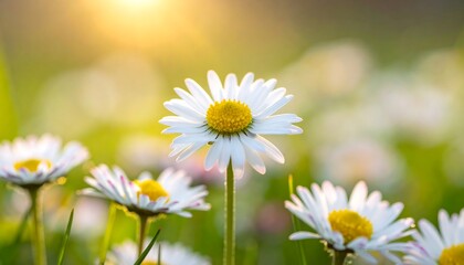 Field of white daisies with bright yellow centers under a warm, sunny backlight creating a soft, dreamy effect