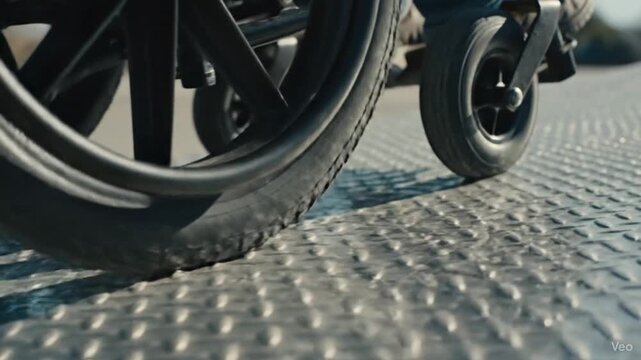 Close-up of a wheelchair wheel on a metal ramp, highlighting accessibility and mobility.