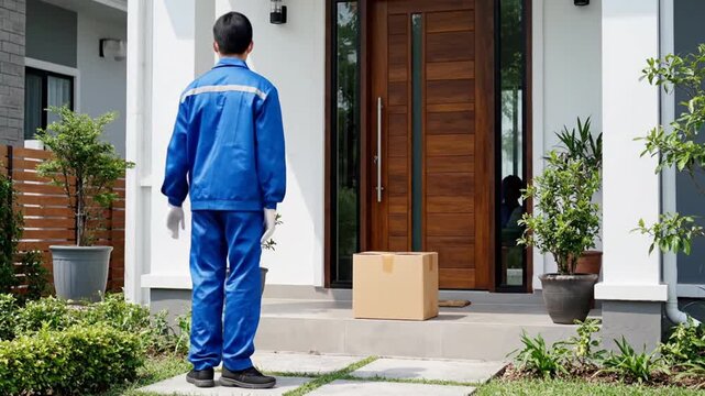 Delivery man in blue uniform and face mask placing a package at the doorstep of a house, ensuring contactless delivery during the pandemic.