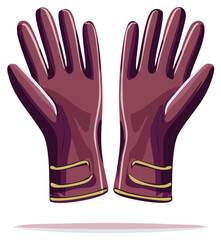 Obraz premium Illustration of two burgundy gloves with yellow accents against a white background