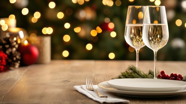 Holiday table set for a celebration with two champagne glasses, plates, and festive decorations against bokeh lights