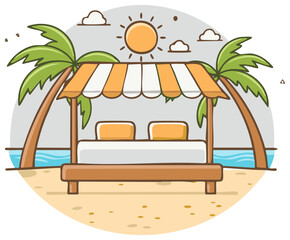 Tropical beach scene with a relaxing daybed cabana under palm trees