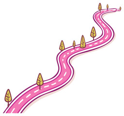 Cartoon pink road winding through landscape with trees, graphic style illustration.