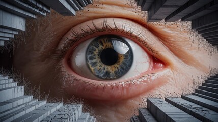 The Observing Gaze: A close-up view of an open eye that's peering through an architectural void, symbolizing introspection and observation.