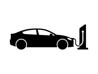 Silhouette of a electric vehicle or ev sedan car charging vector icon.