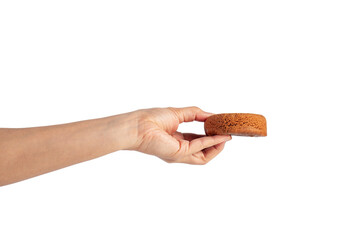 Chocolate round donut in hand on transparent background