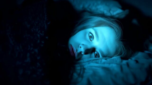 A young woman lying awake in bed under soft blue night lighting with a wide eyed expression creating a dramatic moody scene of late night insomnia