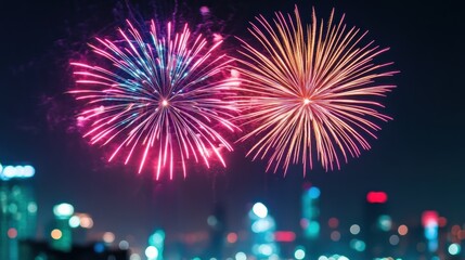 Naklejka premium Vibrant fireworks bursting in the dark night sky above a cityscape, creating a festive atmosphere with glowing bokeh