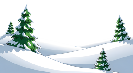 Cartoon snowy hills with pine trees isolated on transparent background