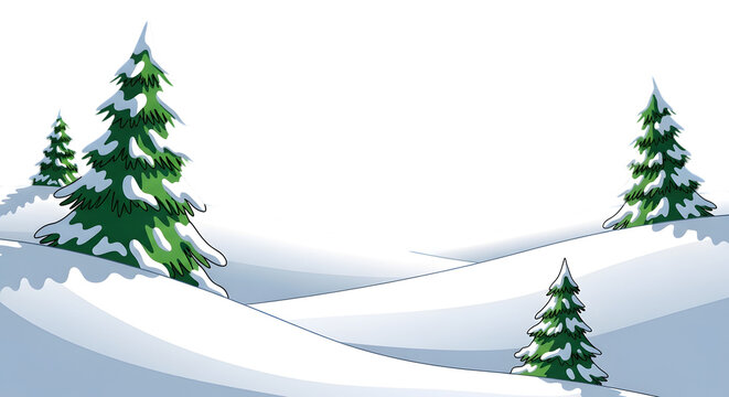 Cartoon snowy hills with pine trees isolated on transparent background