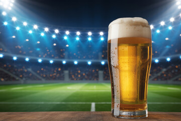 Cold beer on a wooden surface with a stadium full of lights in the background.