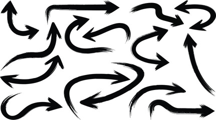 Diverse hand drawn black brush stroke arrows pointing in directions isolated on transparent background, Vector