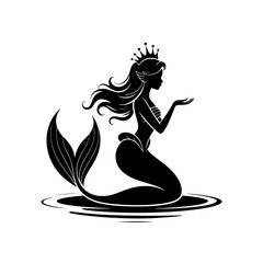 Silhouette of a mermaid wearing a crown with flowing hair and tail sitting in water. © ZamStock