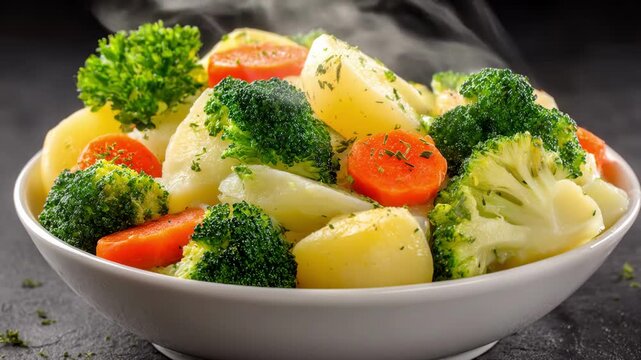 Steaming hot bowl of mixed vegetables with broccoli, carrots, and potatoes.