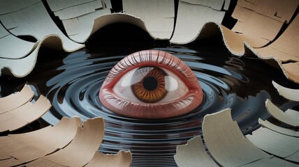 Surreal Gaze: A captivating and slightly unsettling image of a detailed eye emerging from a fragmented surface of cracked and a serene liquid, The image has a surreal and abstract aesthetic.