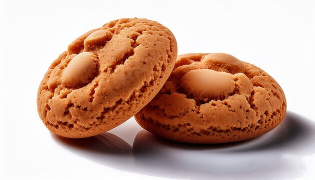 Two traditional Italian amaretti cookies photographed close-up on white, ideal for bakery visuals, food packaging, and ads