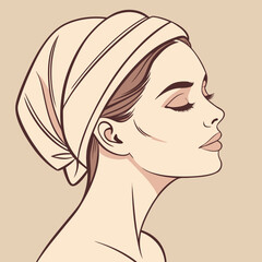 spa, beauty, skincare, wellness, woman profile, female portrait, face care, relaxation, spa illustration, beauty routine, cosmetic, clean skin, aesthetic art, line art, soft colors, towel head wrap, b