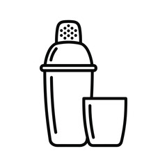 Outline illustration of a cocktail shaker and a jigger, essential tools for mixing drinks and bartending
