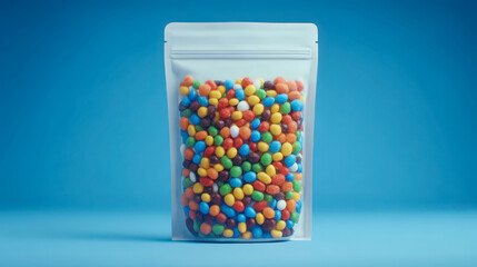 A bag of assorted colored candies. The candies are in a white bag and are scattered all over the bag