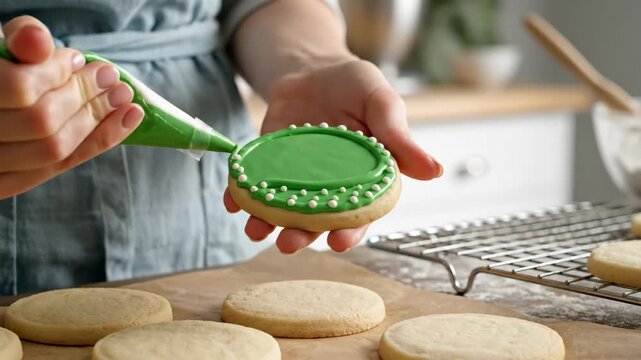 Hands decorating circular baked items with green frosting in kitchen setting
