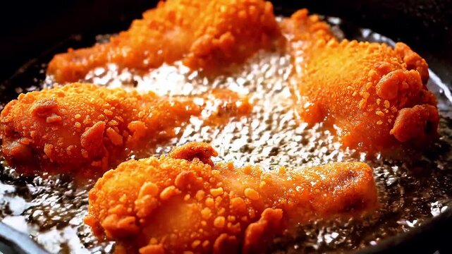 crispy fried chicken drumsticks sizzling in hot oil, a close up of golden brown food cooking