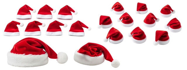 set of fluffy christmas santa claus hat laying on transparent background
