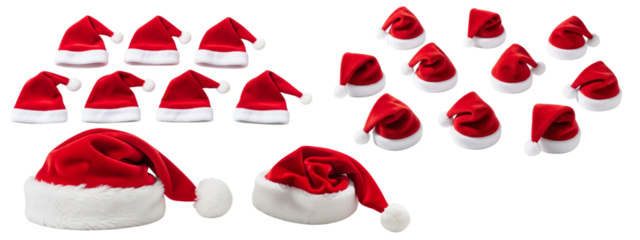 set of fluffy christmas santa claus hat laying on transparent background
