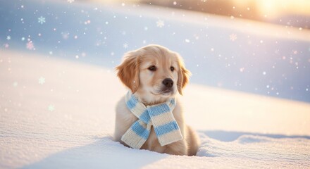 Cozy Puppy with Scarf in Pastel Snow Background