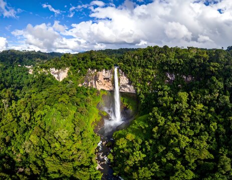 Aerial view of a stunning waterfall cascading into a lush, green forest