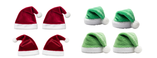 set of fluffy christmas santa claus hat laying on transparent background
