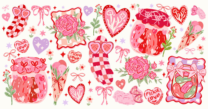 Valentines Pickle, Hand drawn Valentine clipart ,Aesthetic Valentine, Cute Cookie, Love,Coquette bookish, Coquette Pink Bow,Vintage Holiday, Whimsical vector,romantic heart poster,invitation
