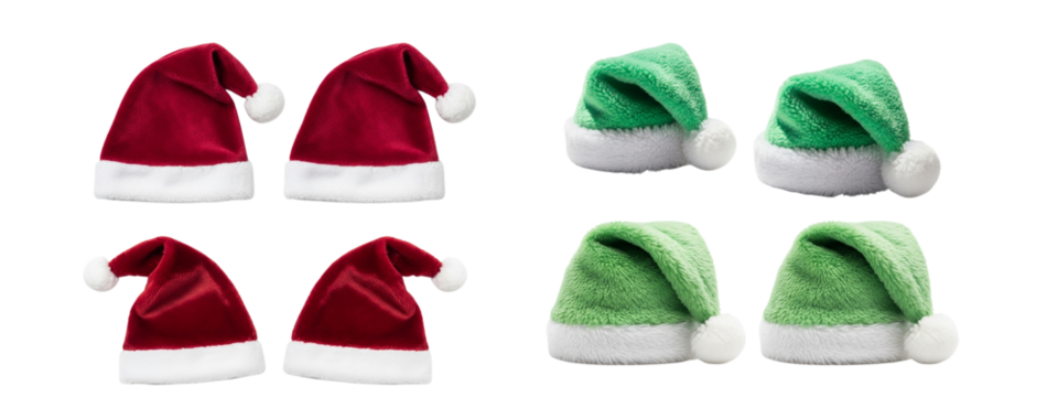 set of fluffy christmas santa claus hat laying on transparent background
