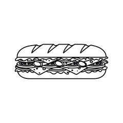 Submarine sandwich with various fillings, delicious fast food, line art illustration isolated on