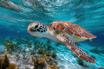 Fototapeta premium Sea Turtle Swimming in Clear Blue Ocean Water