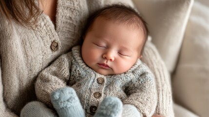 Sleepy newborn in cozy sweater held by caregiver at home during daytime