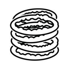 A stack of crispy onion rings, a popular fried appetizer or snack, presented in a simple line art style, isolated on