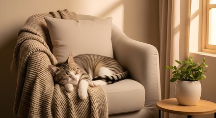 Adorable tabby cat sleeping soundly on a cozy beige armchair covered with a warm knitted blanket, illuminated by soft window light.