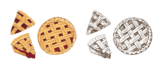 Hand drawn vintage sketch of cherry pie and slices in color and monochrome style, isolated vector illustration