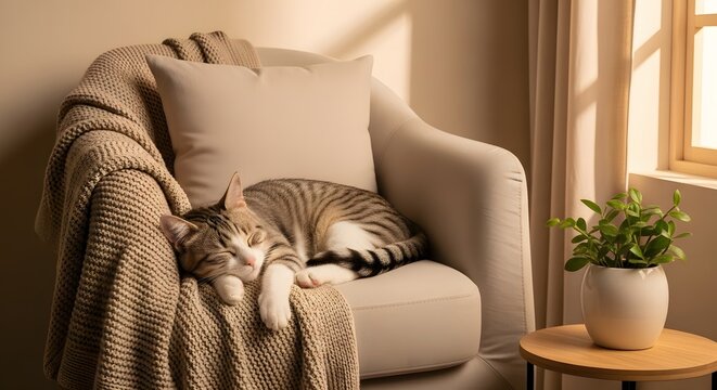 Adorable tabby cat sleeping soundly on a cozy beige armchair covered with a warm knitted blanket, illuminated by soft window light.