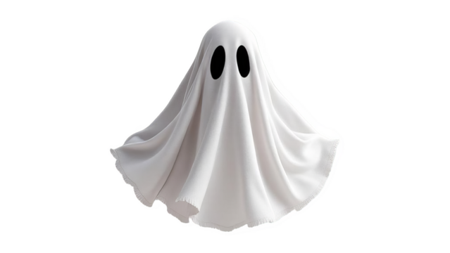Halloween spooky fun with a cute ghost character under a white sheet. Funny supernatural spirit isolated on a transparent background