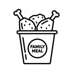 Line art icon of a family meal bucket with fried chicken drumsticks and pieces, fast food concept