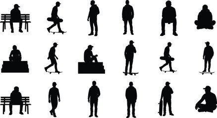 Skater and casual person silhouette collection, standing walking sitting poses with skateboard, black vector illustration set for urban lifestyle design