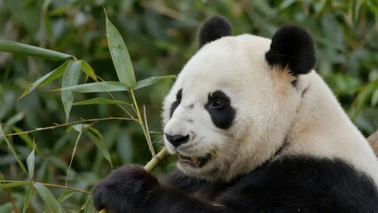 A giant panda eats bamboo, presenting a cute animal form and a fresh natural aesthetic atmosphere.