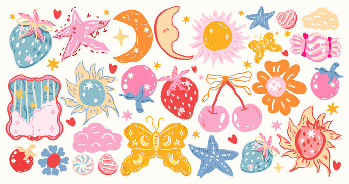 Celestial clipart, star and moon illustration, C Star and Moon Illustration with Mystic Sky, Cosmic Light, Astrology Symbols, Dreamy Coquette hand drawn Spiritual Night Aesthetic