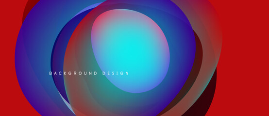 Abstract colorful layers create dynamic visual effect. Red border frames central glowing circles, text present.